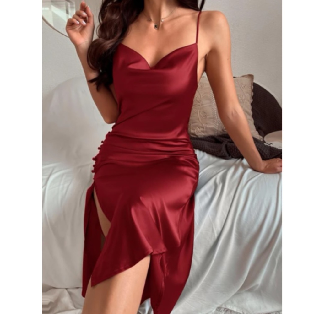 Sexy Bodycon Satin Cami Slit Midi Dress
